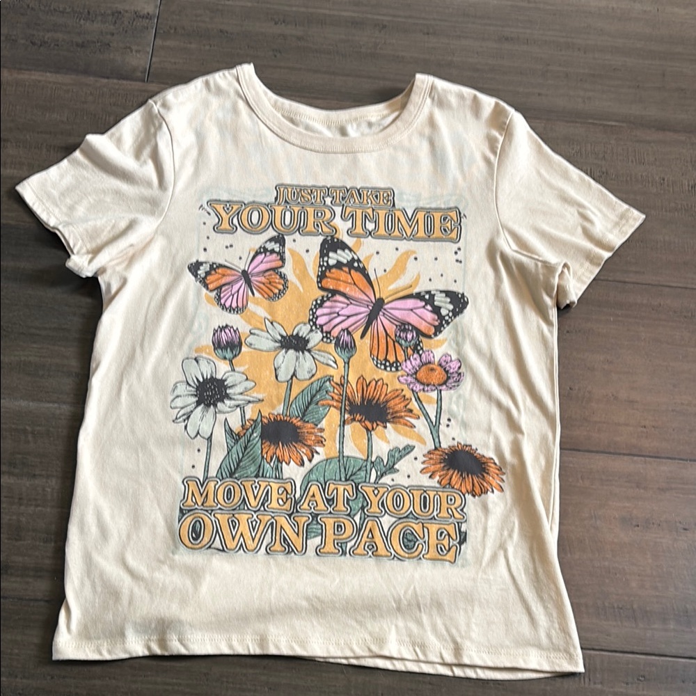 Zoe + Liv Cream Graphic Tee with Butterfly and Floral Motif